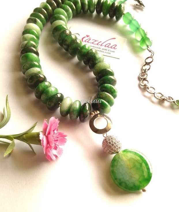 Statement designer spring GREEN gemstone silver necklace set
