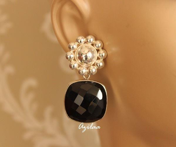 Statement designer black onyx gemstone sterling silver earrings
