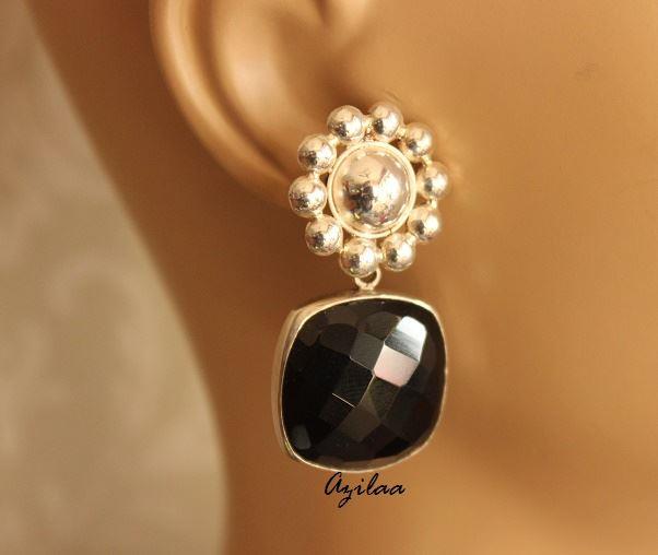 Statement designer black onyx gemstone sterling silver earrings