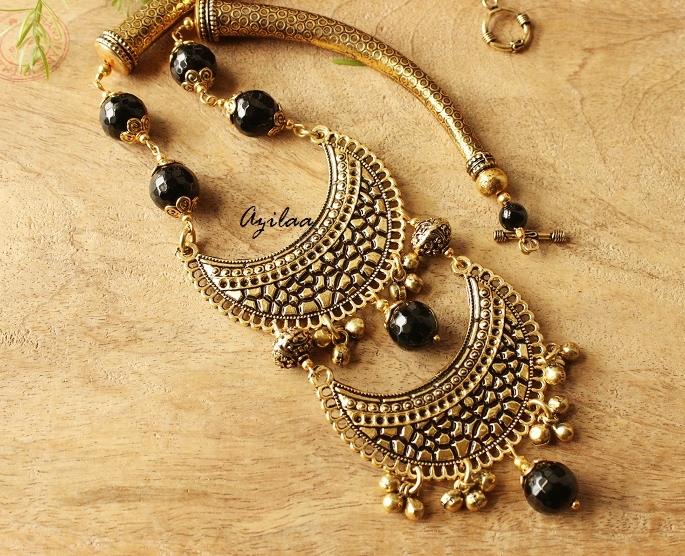 Statement ethnic black onyx antique gold tone necklace set