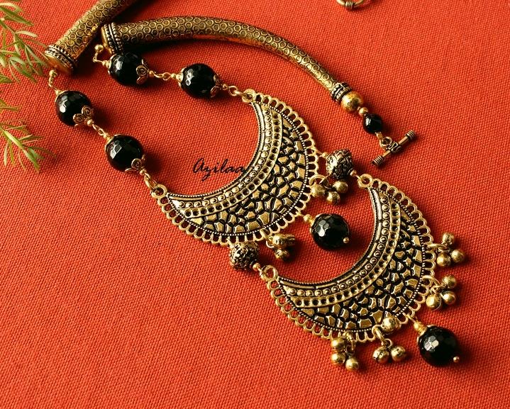 Statement ethnic black onyx antique gold tone necklace set