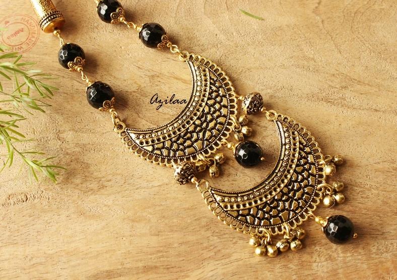 Statement ethnic black onyx antique gold tone necklace set