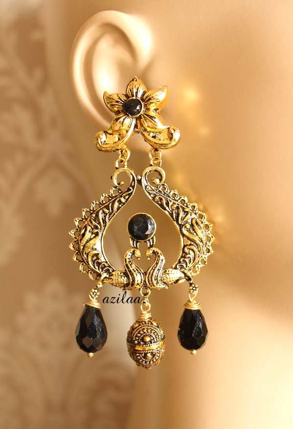 Statement flower black Ethnic Antique Gold tone earrings