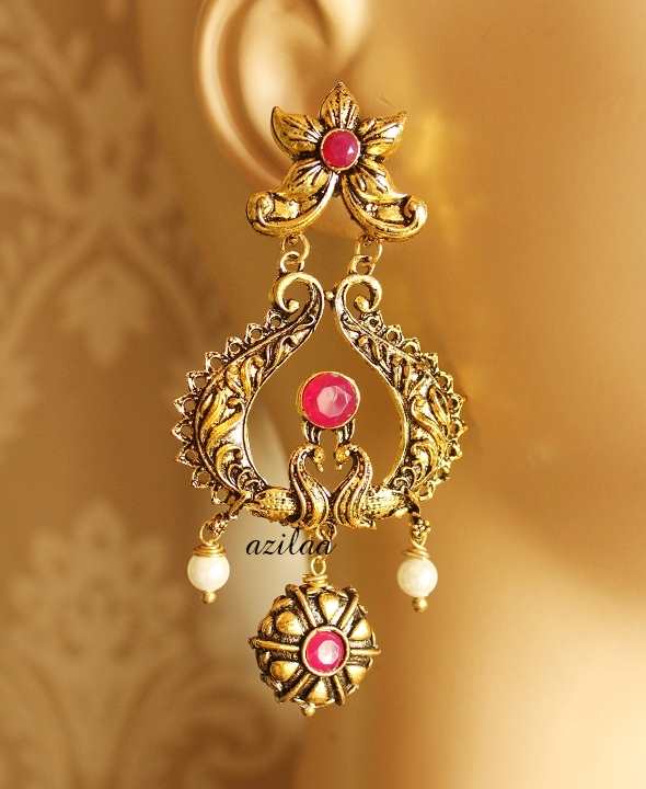 Statement flower ruby pink Ethnic Antique Gold tone earrings
