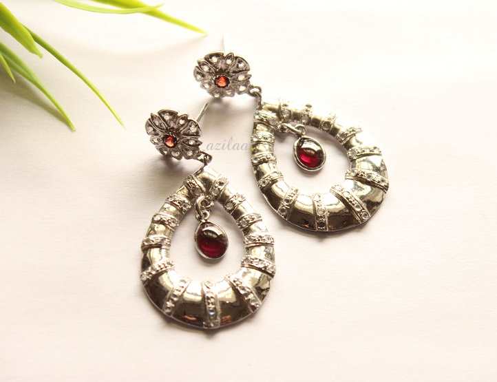 Statement garnet earrings, Designer sterling silver earrings