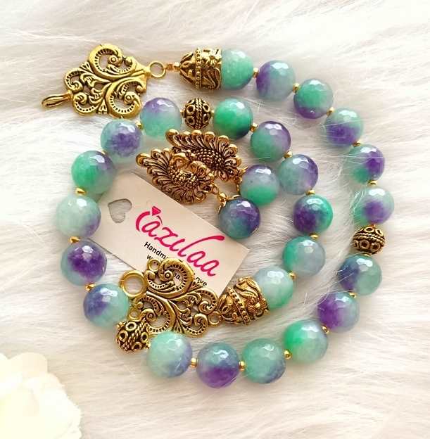 Statement green purple shade gemstone beaded necklace set