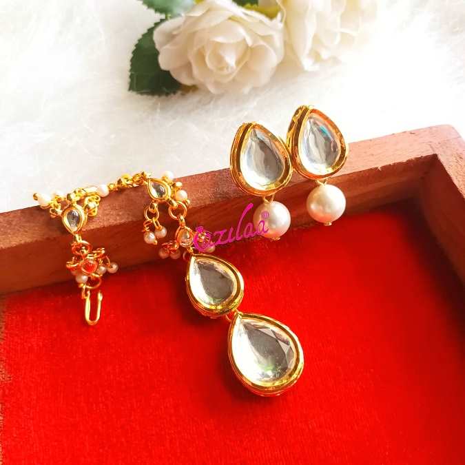 Statement kundan drops gold tone Maang tikka set