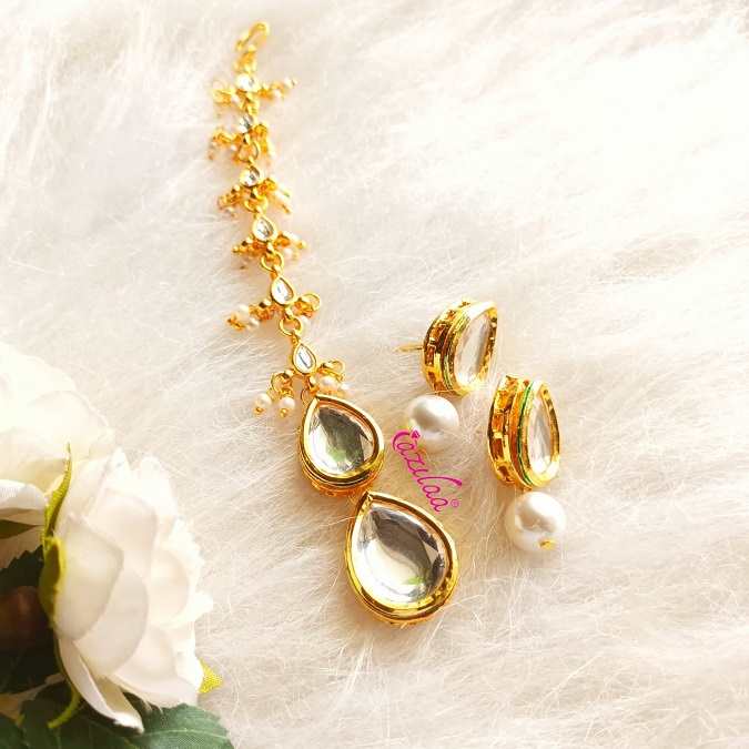 Statement kundan drops gold tone Maang tikka set
