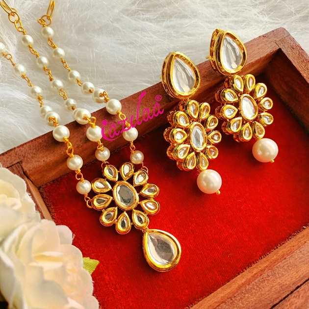 Statement kundan drops gold tone Maang tikka set
