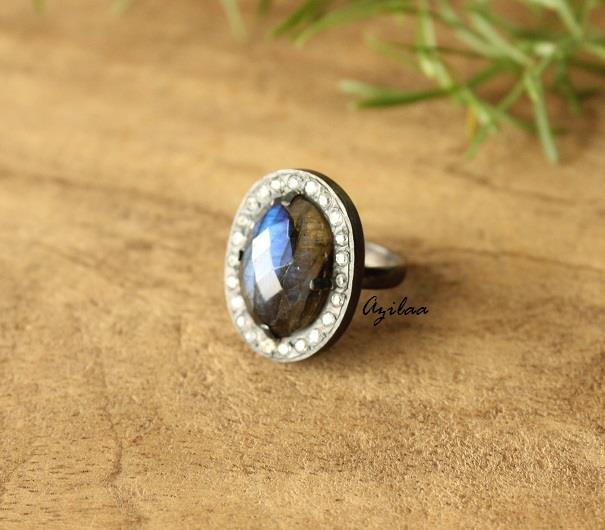 Labradorite zircon sterling silver artisan handmade ring