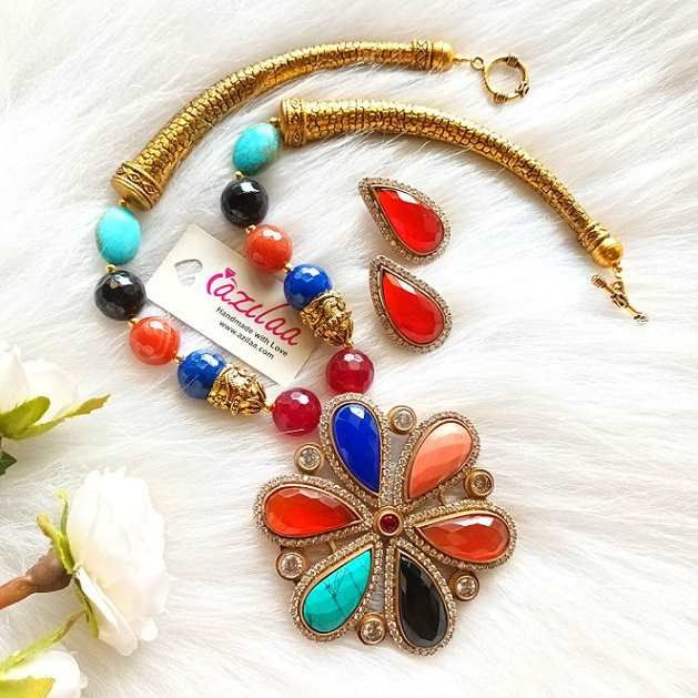 Statement large multi gemstone flower necklace golden set
