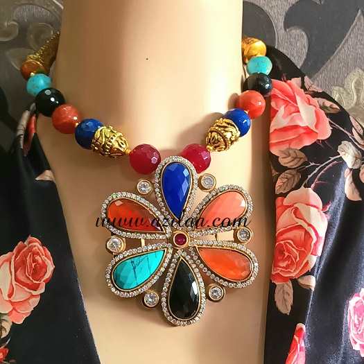Statement large multi gemstone flower necklace golden set