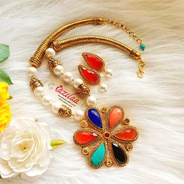Statement large multi gemstone flower necklace golden set