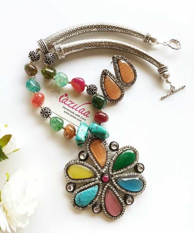 Statement large multi gemstone flower necklace set