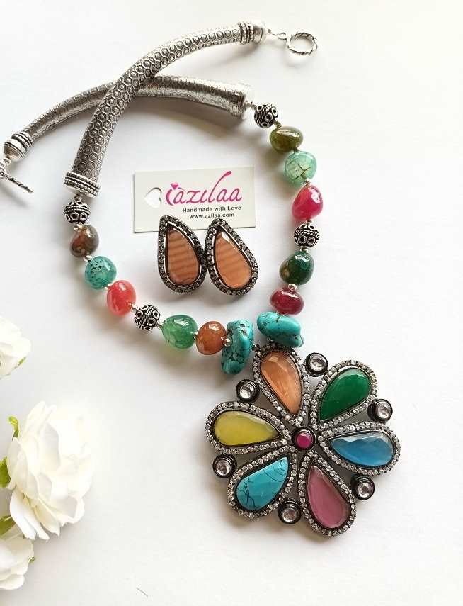 Statement large multi gemstone flower necklace set