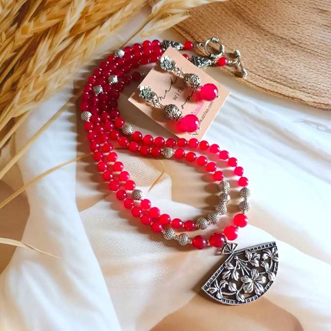 Statement maroon double layered gemstone necklace set