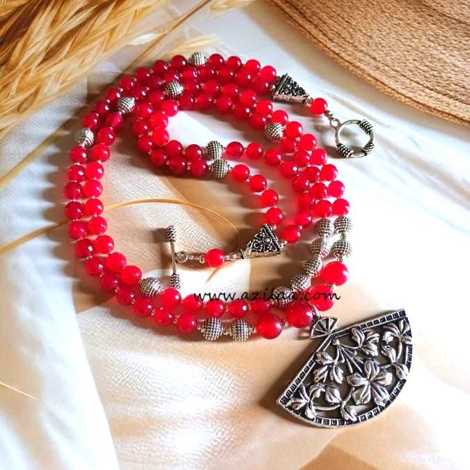 Statement maroon double layered gemstone necklace set