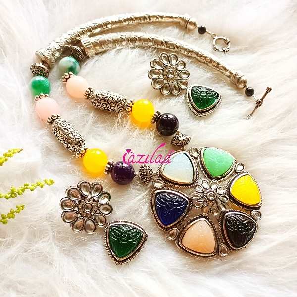 Statement multi color gemstone beaded necklace set 