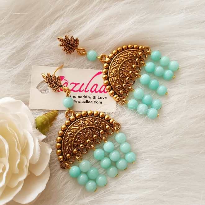 Statement pastel blue Chandelier dangler antique golden earrings