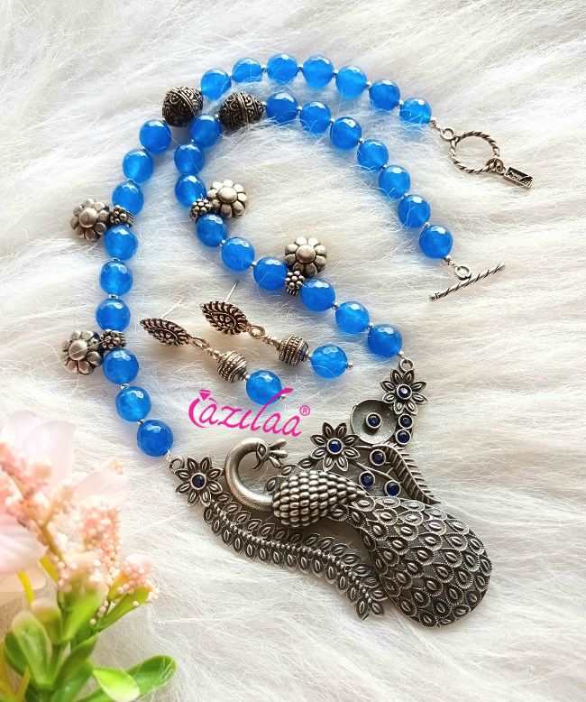 Statement peacock Blue gemstone handmade necklace set