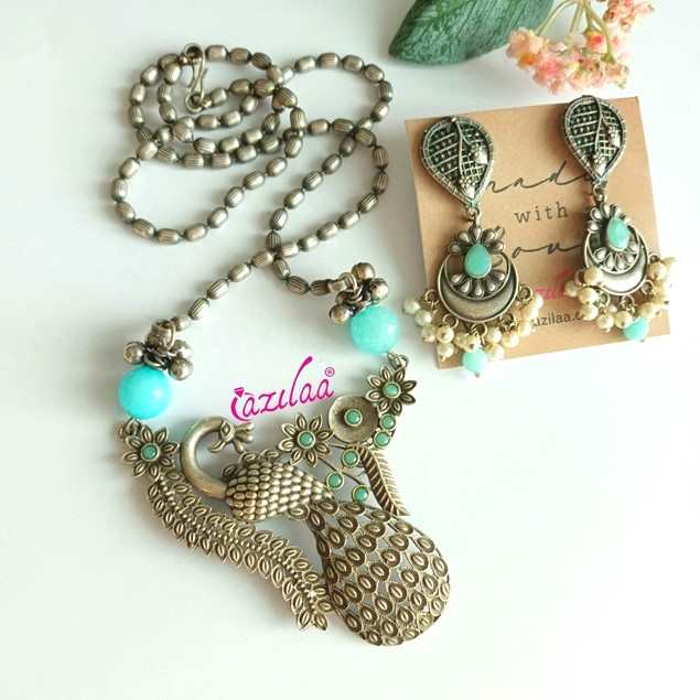 Statement peacock aqua gemstone handmade chain set