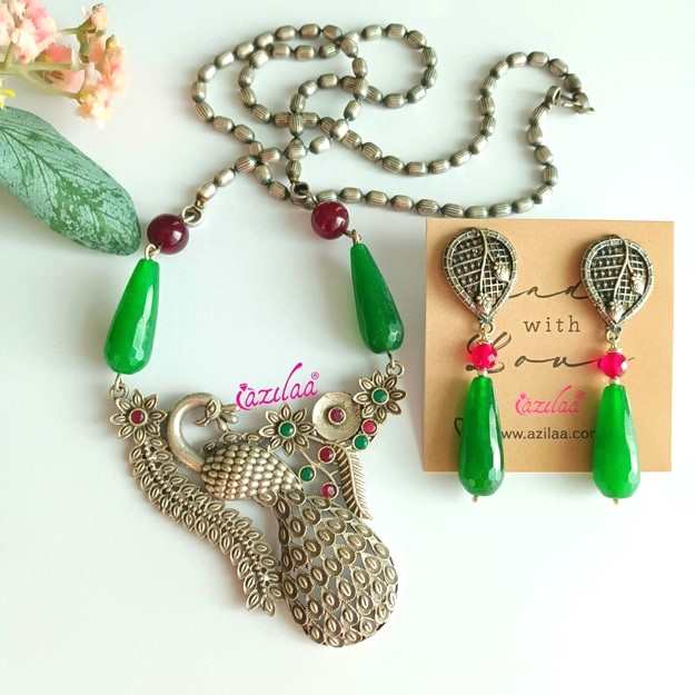 Statement peacock green gemstone handmade chain set