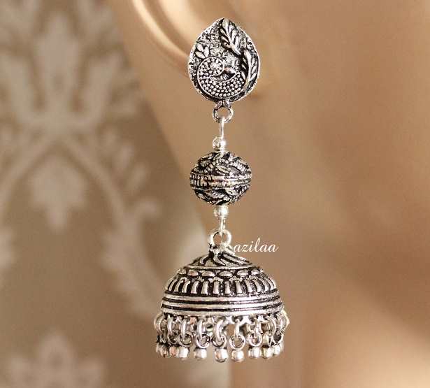 Statement peacock tassel antique silver plated earrings