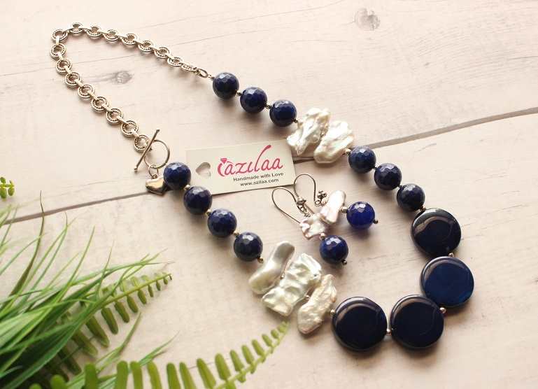 Statement pearl navy blue gemstone handmade silver necklace set