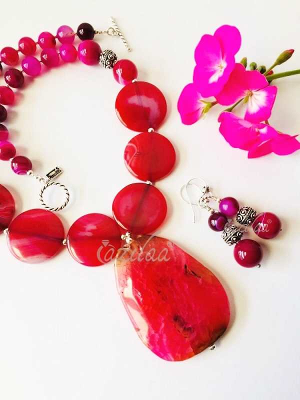 Statement pink agate gemstone handmade necklace set
