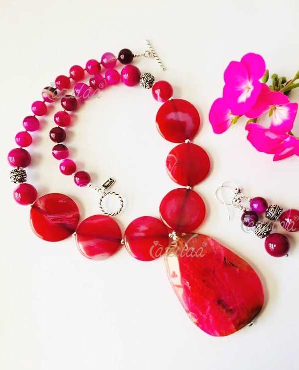 Statement pink agate gemstone handmade necklace set