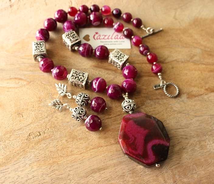 Statement pink purple gemstone handmade necklace set