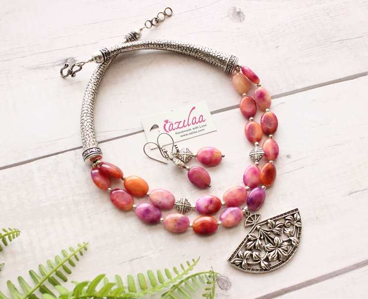 Statement pink shaded beaded gemstone necklace set