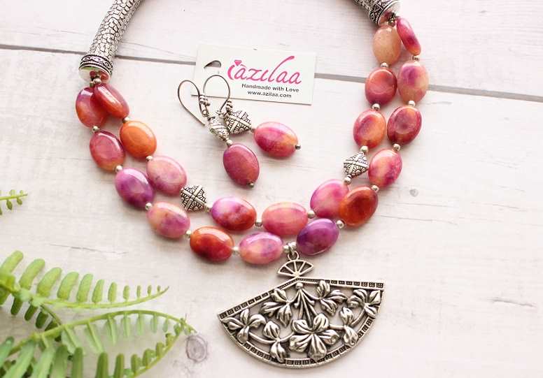 Statement pink shaded beaded gemstone necklace set