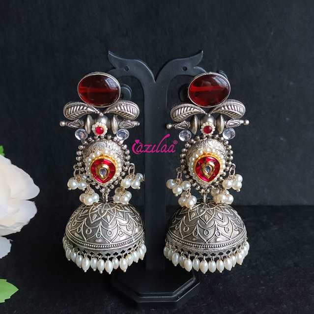 Statement red antique silver Dual Tone jhumka