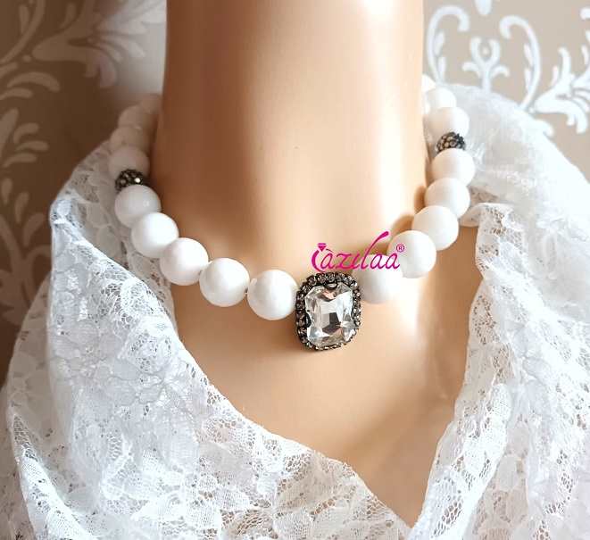 Statement white gemstone beaded crystal pendant necklace set
