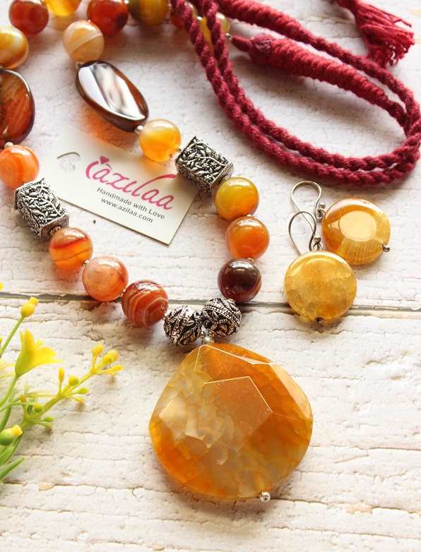 Statement yellow brown gemstone beaded necklace earrings set