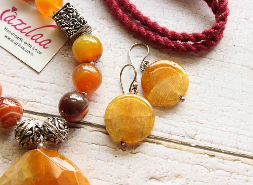 Statement yellow brown gemstone beaded necklace earrings set