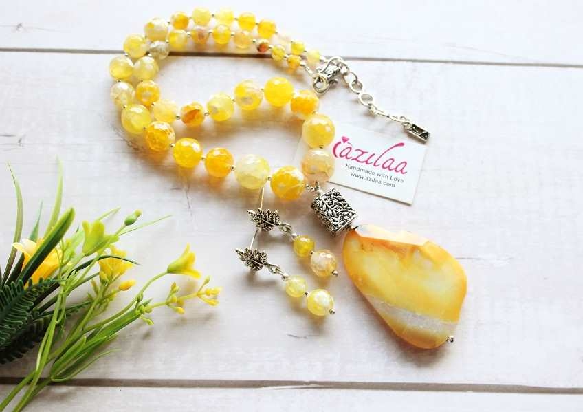 Statement yellow white gemstone beaded necklace earrings set