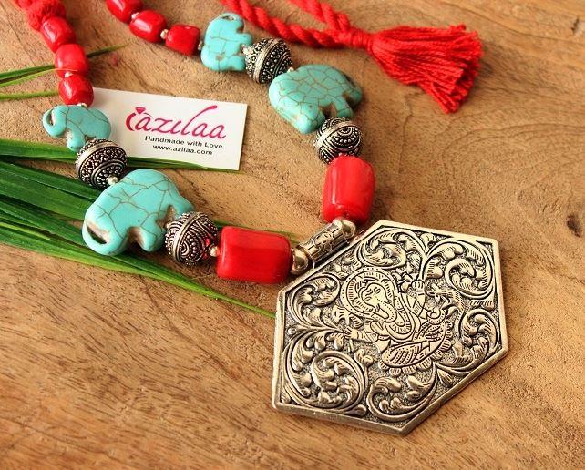 Statment gemstone turquoise Ganesha elephant handmade necklace