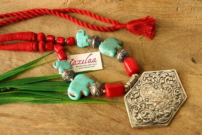 Statment gemstone turquoise Ganesha elephant handmade necklace