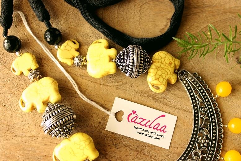 Statment yellow elephant handmade necklace set
