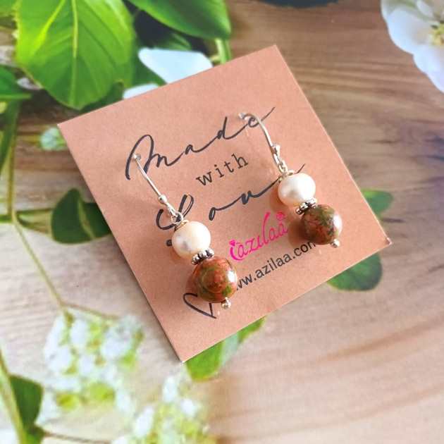 Sterling silver Unakite Pearl gemstone handmade earrings