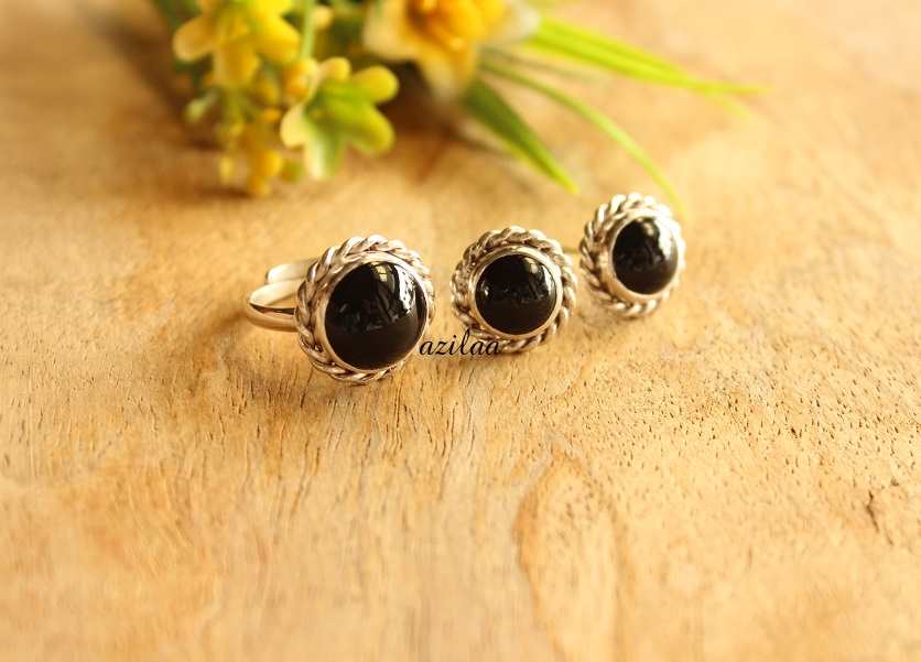 Sterling silver black ONYX adjustable ring stud post earrings 