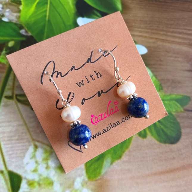 Sterling silver lapis pearl gemstone handmade earrings