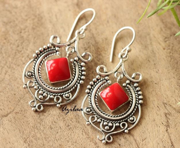 Sterling silver red gemstone Chandelier Earrings