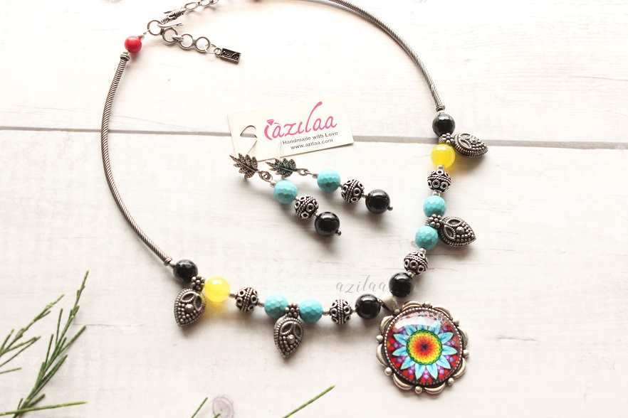 Boho Flower choker statement oxidized silver tone necklace set