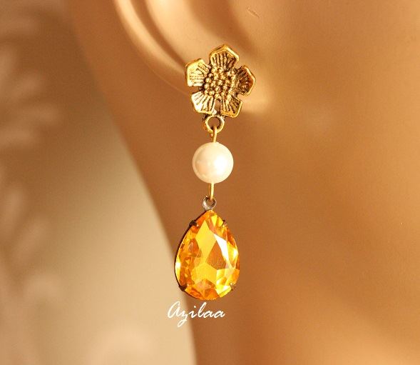 Sunny Antique Gold tone crystal glass handmade earrings