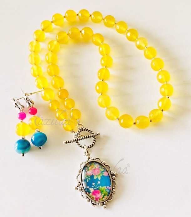Indo western Yellow gemstone handmade Pendant necklace earring