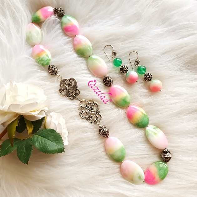 Sweet candy shaded oval pink  beaded gemstone necklace set