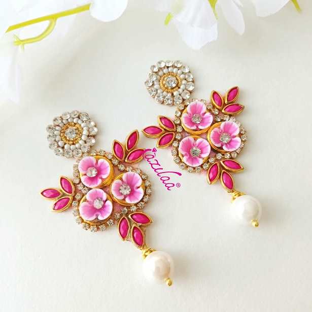 Sweet pink  flower embroidery dangler party earrings